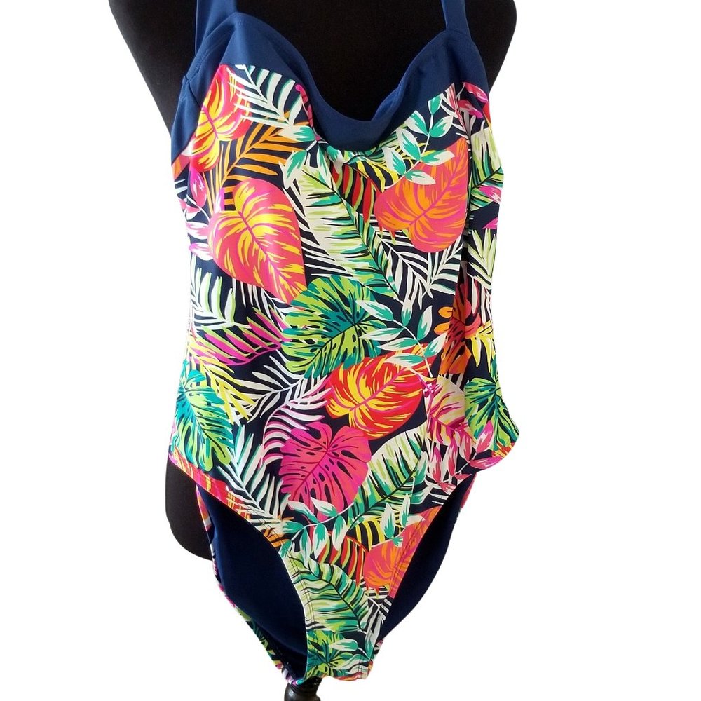 Caribbean Joe Women's One Piece Swimsuit - Blue with Tropical Print